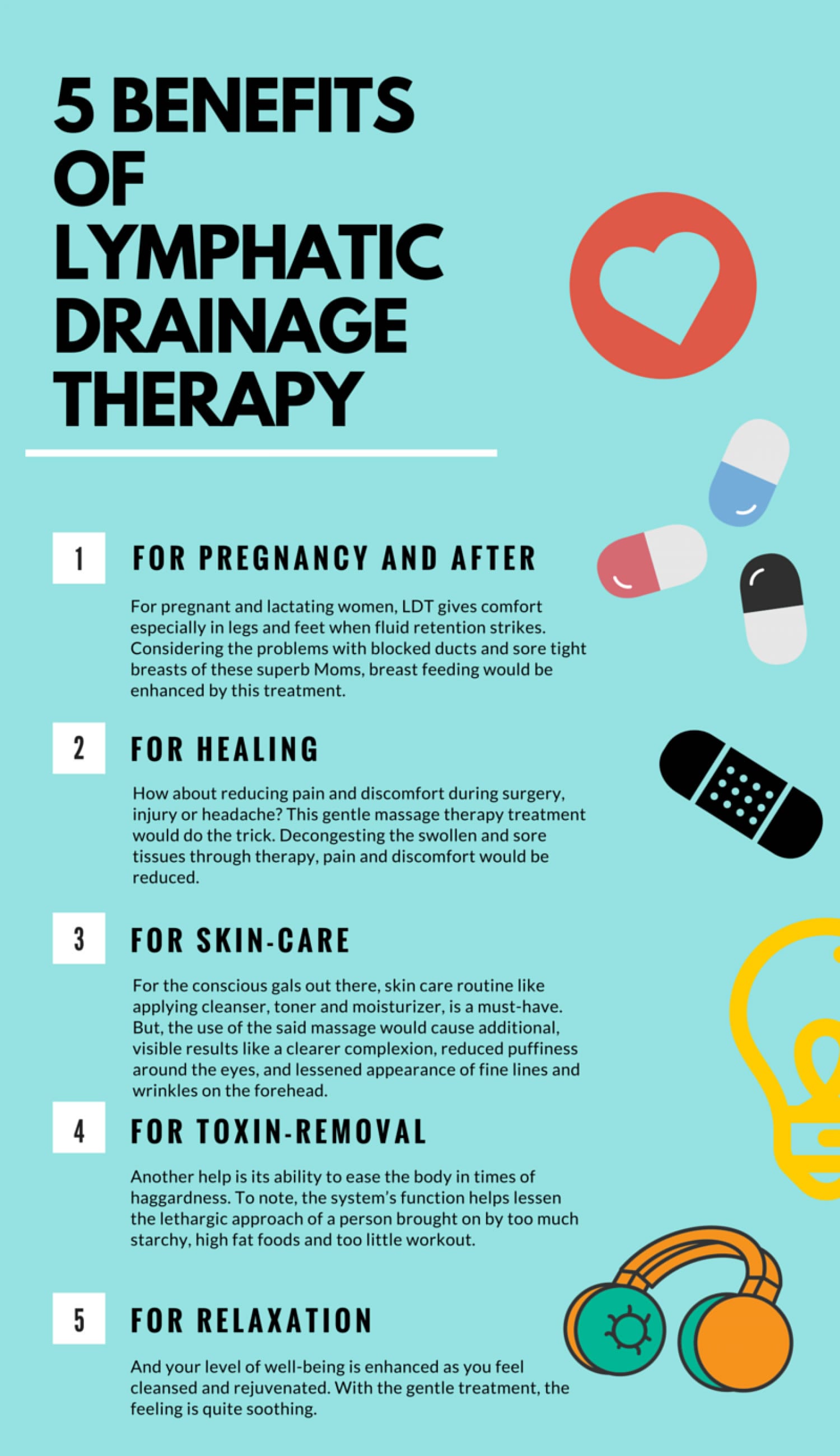 Chart showing the 5 benefits of ​Lymph Drainage Therapy